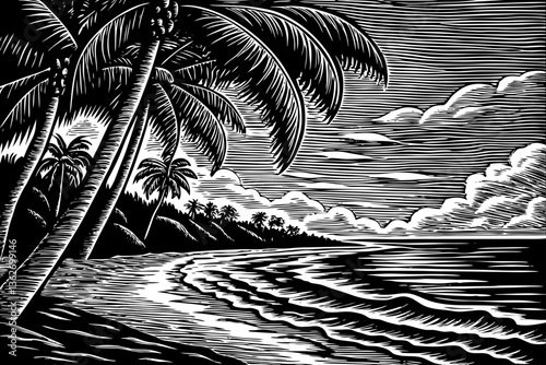 Tropical sandy ocean beach with palm trees black and white hand drawn sketch 