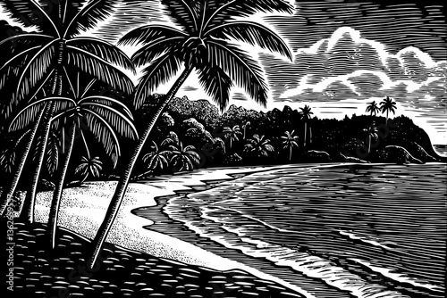 Tropical sandy ocean beach with palm trees black and white hand drawn sketch 