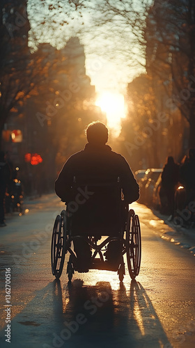Person in a wheelchair traveling down a sunlit street, viewed from the back