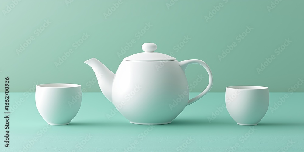 A minimalistic matcha tea set with a white teapot and two matching cups, placed on a pastel green background, clean and modern style. A minimalistic matcha tea set with a white teapot and two matching cups, placed on a pastel green background, clean and modern style.