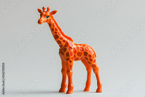 Orange giraffe figurine with brown spots stands tall against a bright, neutral background