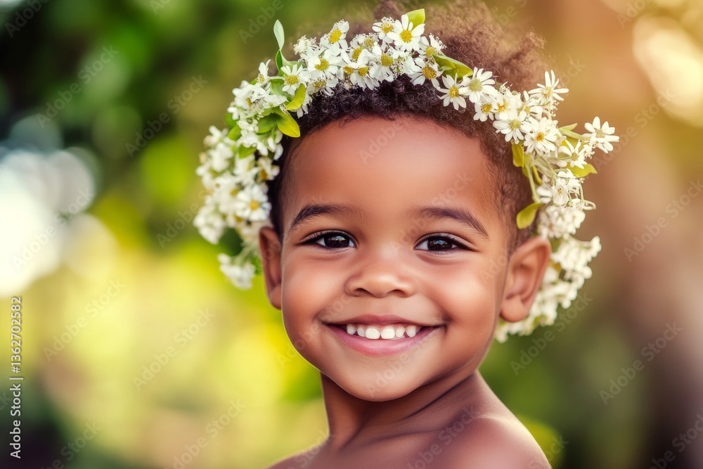Sunny daylight. Smiling black toddler boy with tt hair wearing white flower crown on his head. Happy warm season holidays creative. Joyful child with nature’s touch. Happy little traveler. Sunny daylight. Smiling black toddler boy with tt hair wearing white flower crown on his head. Happy warm season holidays creative. Joyful child with nature’s touch. Happy little traveler.