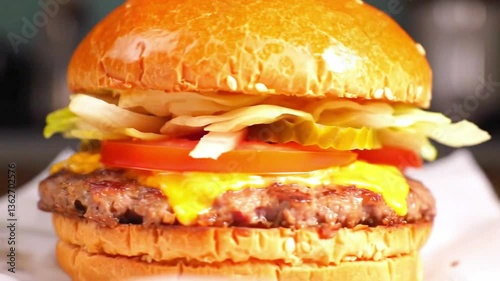 Beef steak sandwich with hamburger, potatoes, and vegetables ai generate 