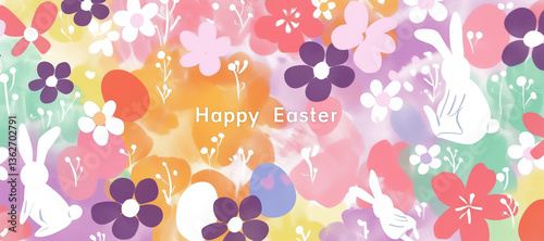 Wallpaper Mural Colorful Easter design with white bunny silhouettes, multicolored eggs, and vibrant flowers in pink, red, purple, yellow. “Happy Easter” text for festive celebration. Torontodigital.ca