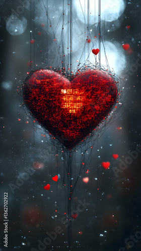 Red digital heart suspended by fine lines, bokeh background with floating red hearts and squares
