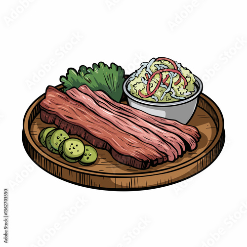 BBQ Brisket Plate with Pickles and Slaw Vector Illustration