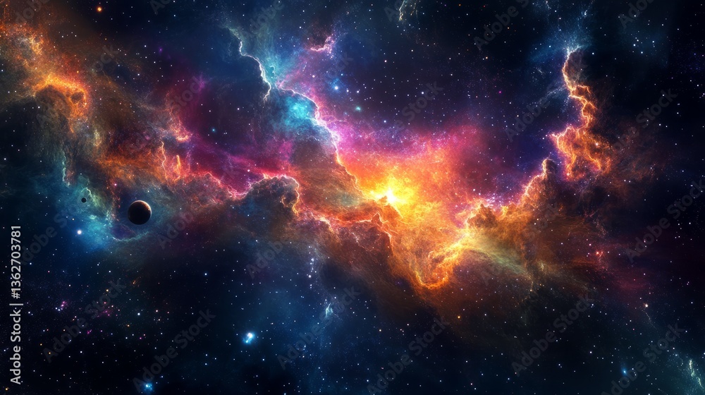 Fototapeta premium A fantastical galaxy with colorful interstellar clouds, bright constellations, and scattered planets.