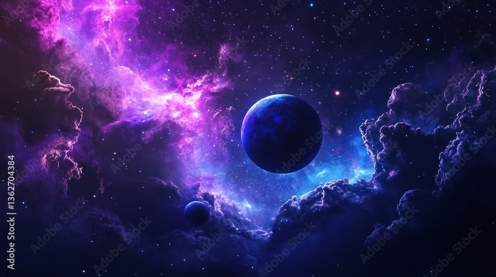Fototapeta premium A futuristic cosmic scene with luminous planets, nebula clouds, and scattered celestial lights.