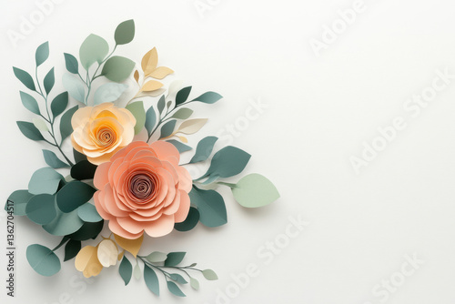 Colorful handmade paper flowers and leaves forming a beautiful bouquet on a white background, perfect for spring or summer themes photo