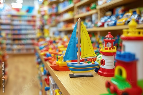Colorful Toy Sailboat and Lighthouse on a Shelf in a Toy Store