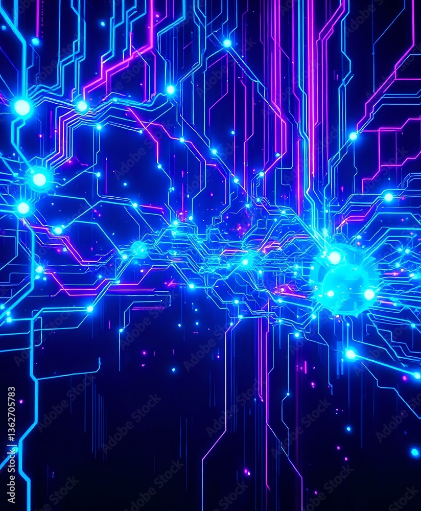 Obraz premium Futuristic Cyberpunk Abstract Digital Art: Glowing Neon Data Nodes Network