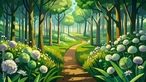 Pathway through the forest with blooming wild garlic (Allium ursinum). Stochemhoeve, Leiden, the Netherlands. Picturesque panoramic spring scene. Travel destinations, eco tourism, ecology, pure ...