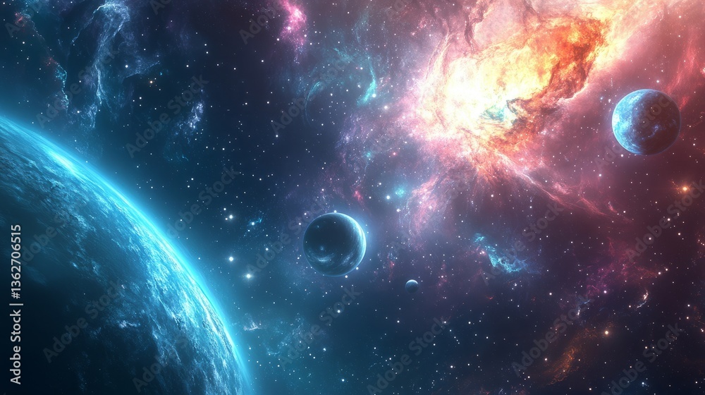 Obraz premium A mesmerizing space background with orbiting planets, glowing nebulae, and a radiant cosmic sky