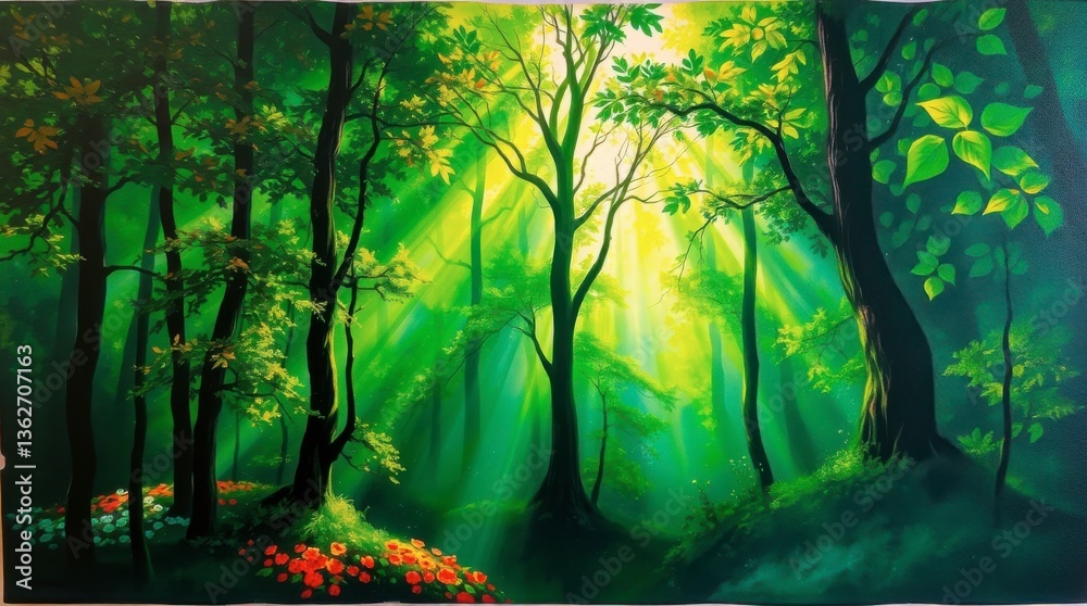 Obraz premium Sunlight Filtering Through Green Forest Trees with Red Flowers Below