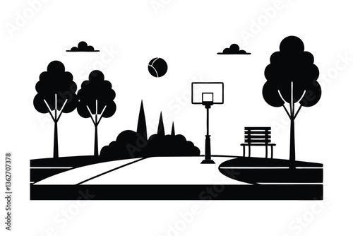 Basketball court in a park vector silhouette on white background