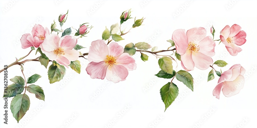 Obraz premium Watercolor Illustration of Wild Rose Branch with Flowers and Leaves