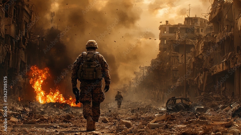 Soldier Walking Through War Torn Cityscape with Devastation and Destruction Soldier Walking Through War Torn Cityscape with Devastation and Destruction