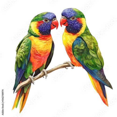 Rainbow Lorikeets in Watercolor: Two vividly colored rainbow lorikeets perch upon a branch, their vibrant plumage and detailed features captured in a stunning watercolor painting.