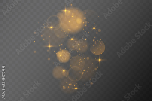 The light of gold dust. A stunning bokeh light effect background png. A gorgeous Christmas glowing dust background. A beautiful yellow flickering glow with confetti bokeh light and particle motion.