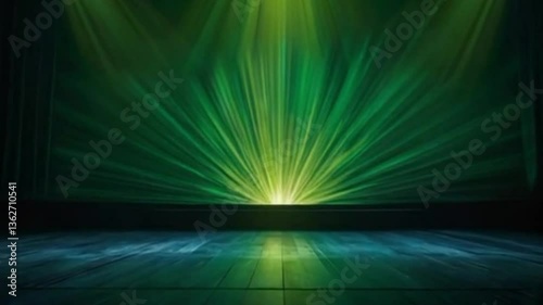 A bright green light flashes on the stage, diverging in rays through the darkness. Spectacular light streams create an atmosphere of mystery and expectation, filling the space with energy and dynamics
