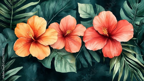 Wallpaper Mural A watercolor backdrop featuring bright florals and tropical leaves, ideal for a summer menu or tropical-themed caf Torontodigital.ca