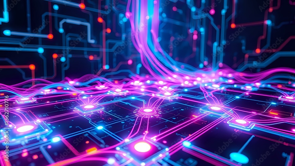 Obraz premium Futuristic Cyberpunk Circuit Board with Vibrant Neon Grids