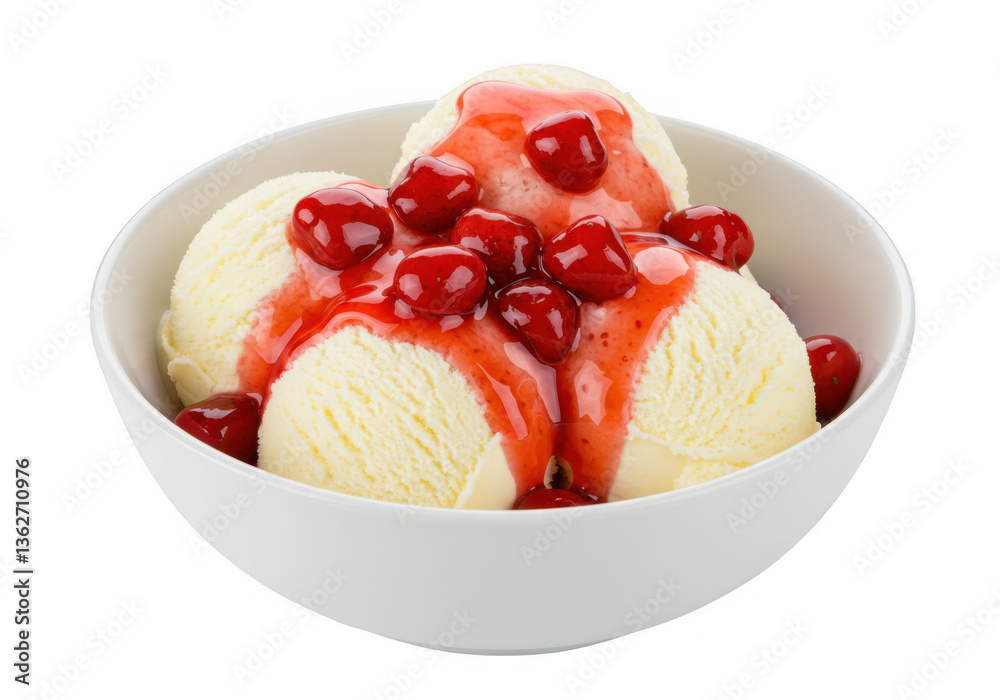 A bowl of creamy vanilla ice cream scoops topped with bright red strawberry syrup isolated on transparent background A bowl of creamy vanilla ice cream scoops topped with bright red strawberry syrup isolated on transparent background