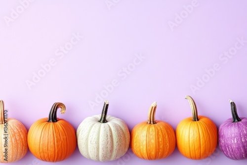 Brightly colored pumpkins arranged in a row for fall decoration against a pastel background
