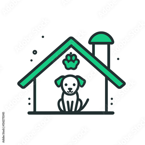 dog sitting in a home feeling cozy indoors with a green roof and chimney
