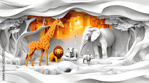 Safari animals in a paper-cut scene