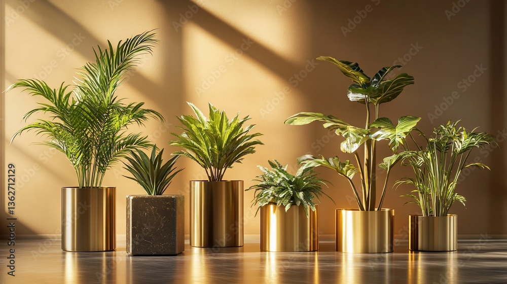 Fototapeta premium Golden planters with various green plants in sunlit room