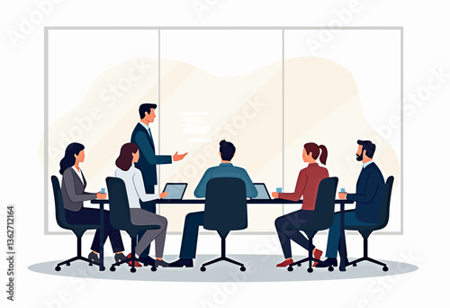 Illustrate teamwork and brainstorming with this professional vector graphic of a business meeting, ideal for content about project management, strategy, and corporate culture.

