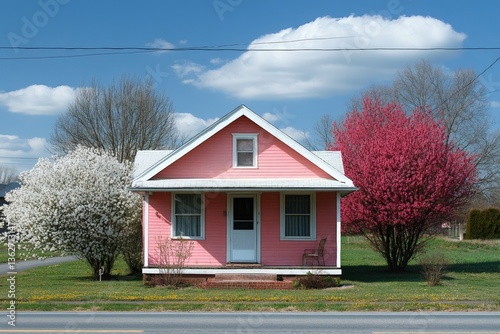 Colorful pink house surrounded by blooming trees on a sunny day in the countryside