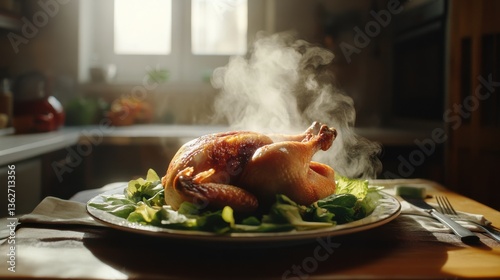 Wallpaper Mural Savory Roast Chicken Surrounded by Fresh Greens on a Wooden Table in Bright Kitchen Light Torontodigital.ca