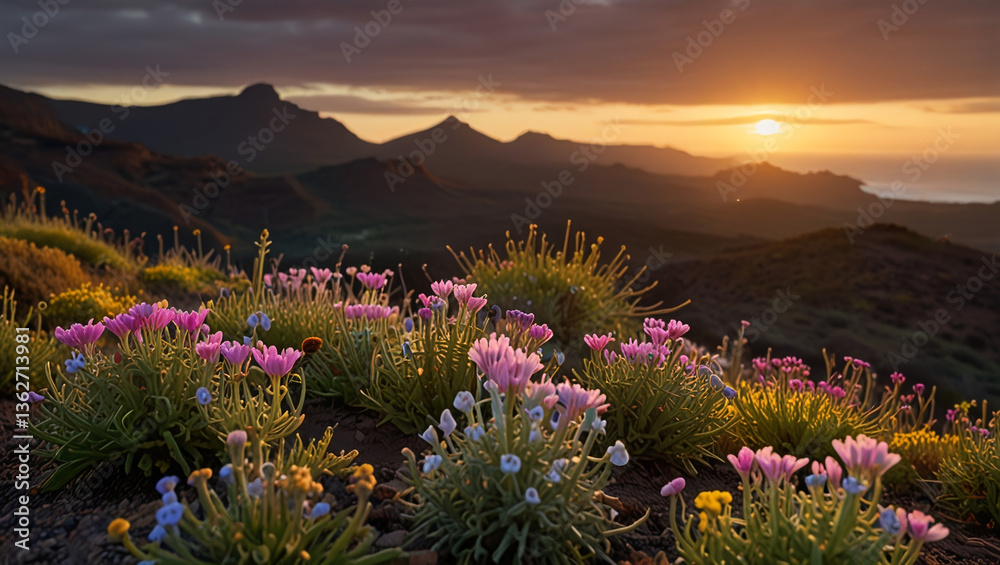 Fototapeta premium wild flowers in the mountains at sunrise