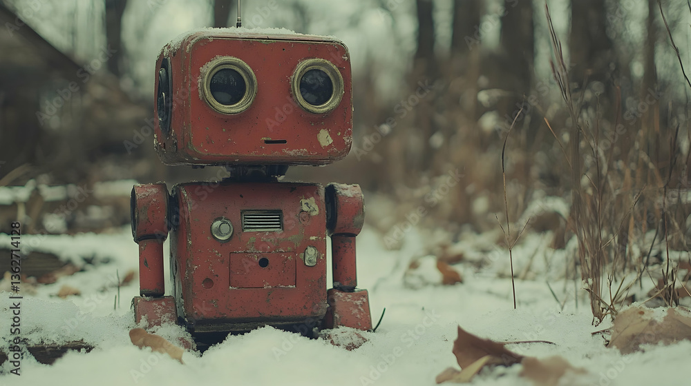 Red toy robot sits quietly in the snow surrounded by leaves and brush Red toy robot sits quietly in the snow surrounded by leaves and brush