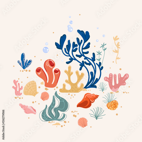 Colorful Underwater Coral Marine Elements with Shells and Plants. Ocean floor with colorful corals, seaweed, shells, marine plants, kids designs, ocean graphics, and summer decor.Vector illustration