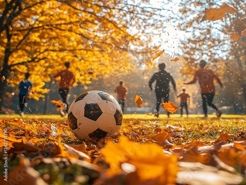 Autumnal soccer game amidst falling leaves in a sunlit park setting