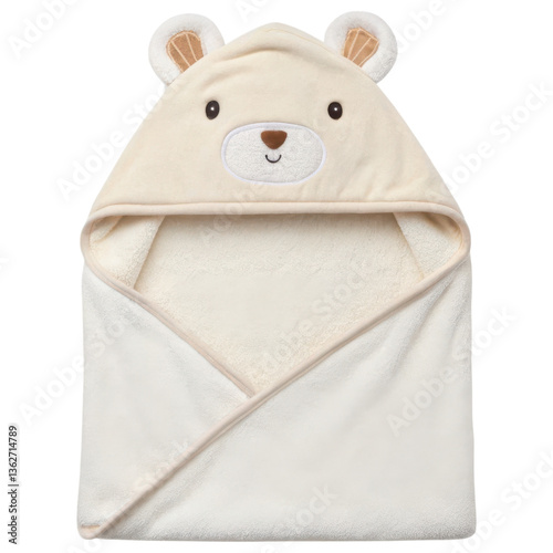 A cozy hooded towel designed to resemble a bear, featuring a cute face and ear details, perfect for children after baths or swimming.