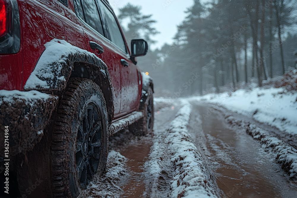 Naklejka premium Red vehicle navigates snowy, muddy terrain within dense forest