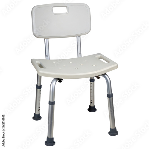 A sturdy, adjustable shower chair designed for comfort and safety, featuring a molded seat and supportive backrest.