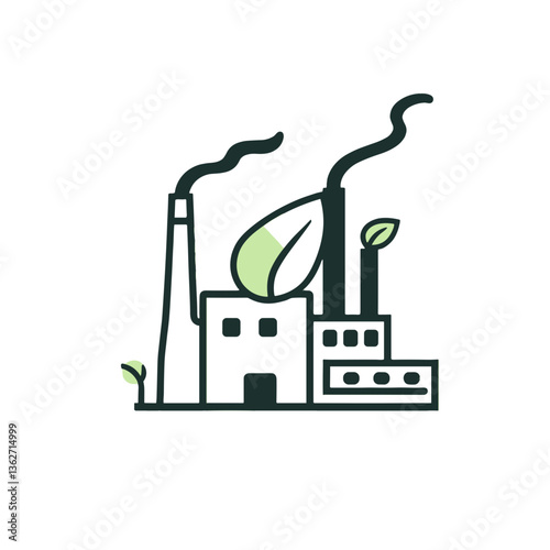 The image features a stylized industrial factory characterized by several smokestacks releasing smoke. Atop the factory, there is a green leaf, symbolizing an environmentally friendly approach or sust