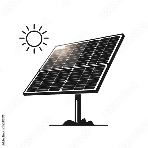 The image depicts a stylized illustration of a solar panel positioned to capture sunlight. The solar panel is shown at an angle with several photovoltaic cells visible, and a sun icon is present in th