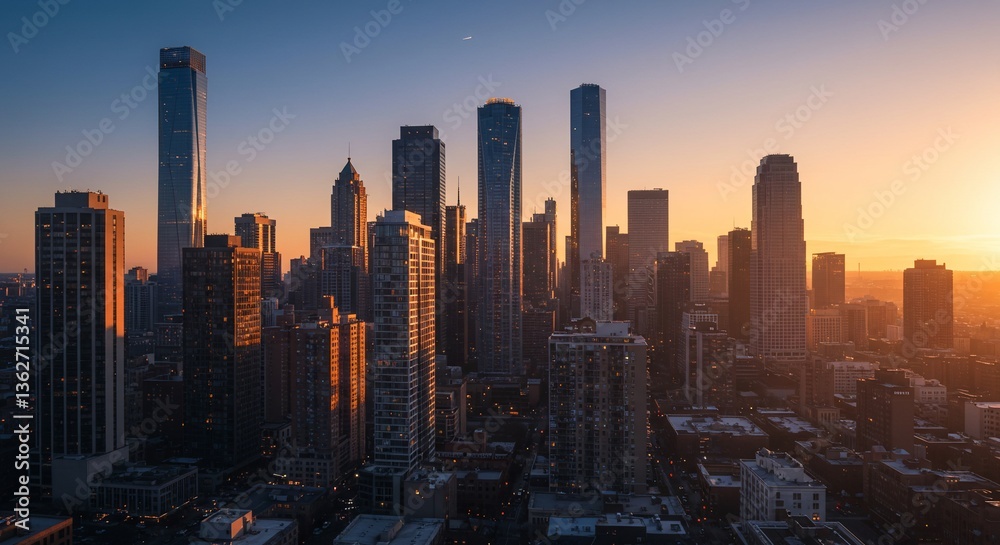 Obraz premium Golden sunset illuminates a city skyline