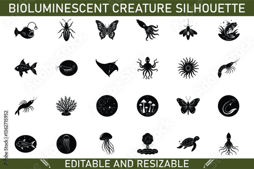 Bioluminescent Sea Creatures and Insects Silhouette Icons Set