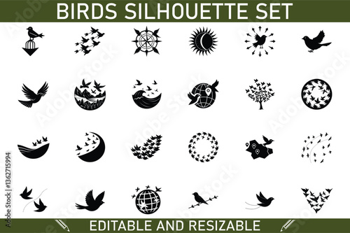 Editable Bird Silhouettes Flight, Nature, Freedom, Set, Icons, Design, Vector, Graphics, Black, Whit
