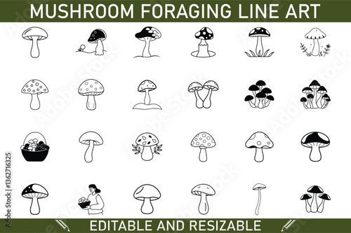 Editable Resizable Mushroom Foraging Line Art Illustrations Set