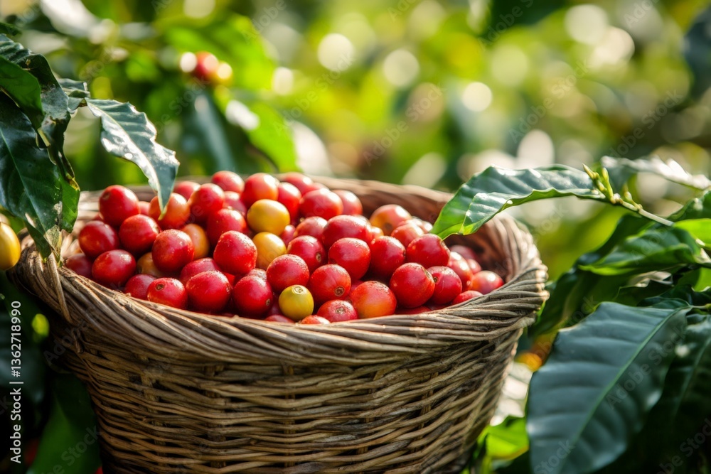 Freshly harvested coffee cherries in a woven basket during the morning light in a lush coffee plantation Freshly harvested coffee cherries in a woven basket during the morning light in a lush coffee plantation