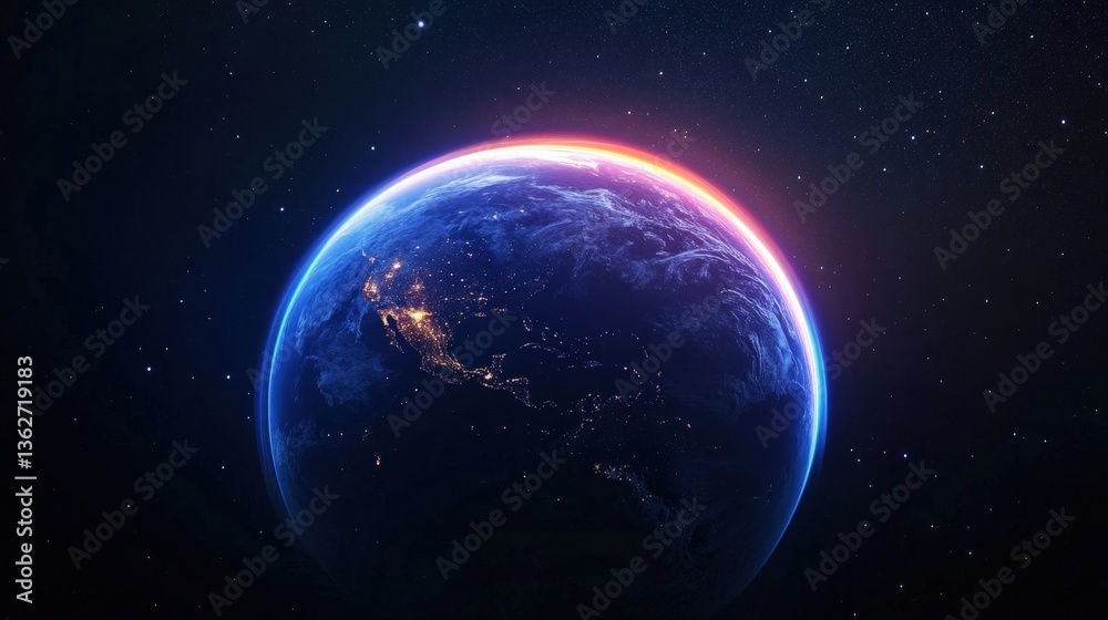 Fototapeta premium Glowing Rainbow Ring Encircling the Vibrant Planet Earth in the Vast Cosmic Expanse