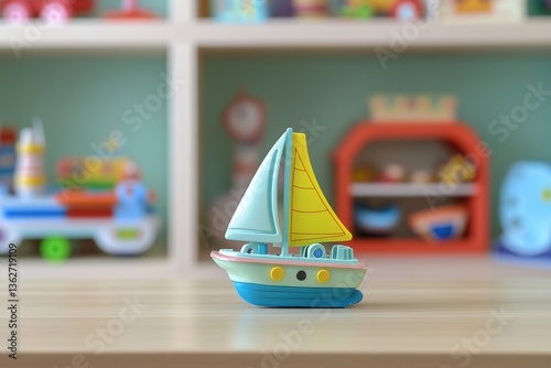 Colorful Toy Sailboat on Wooden Surface with Playroom Background